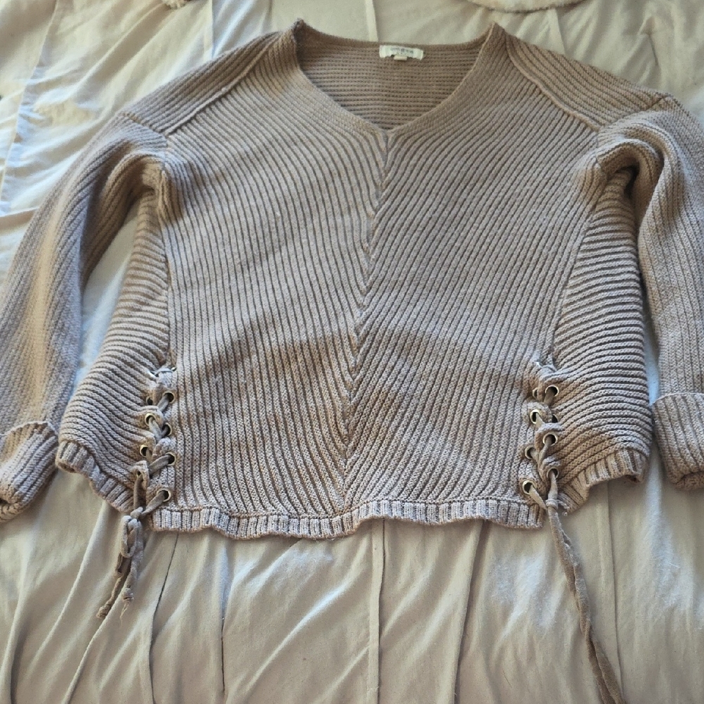 Umgee Tan V-Neck Sweater with Lace-Up Sides